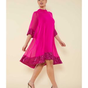 Vestido de gasa con banda de lentejuelas en bajo y puños